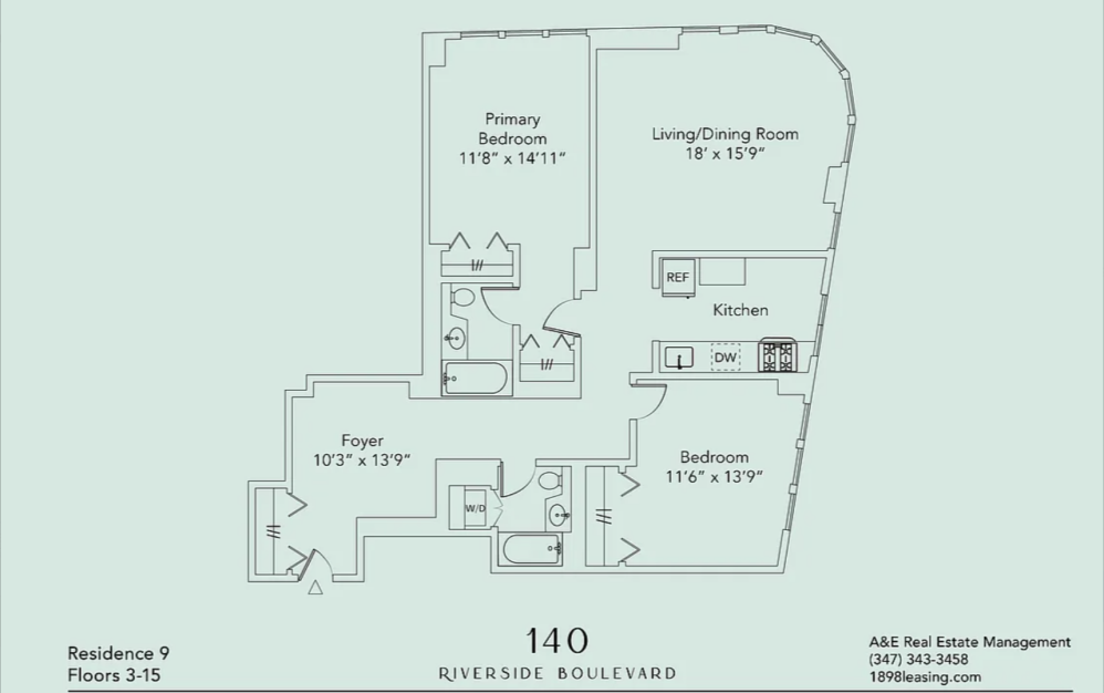 1209 - 2 bedroom floorplan layout with 2 bathrooms and 1282 square feet (Floor 12)